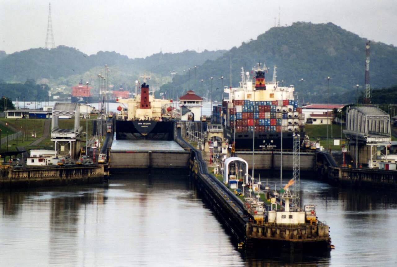 Container ship passing through the Miraflores Locks on the Panama Canal