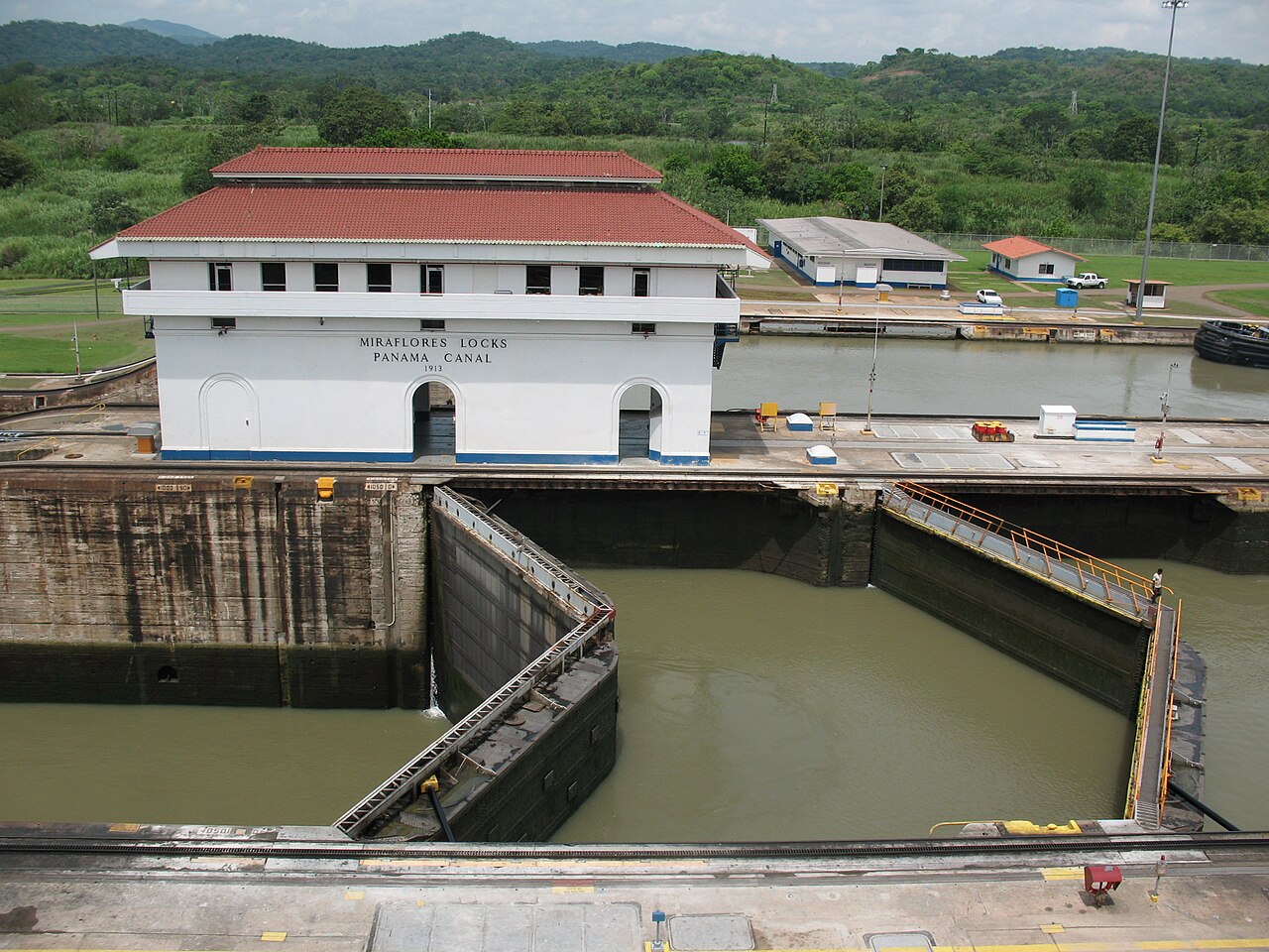 Cargo ship transiting the Panama Canal locks near Panama City